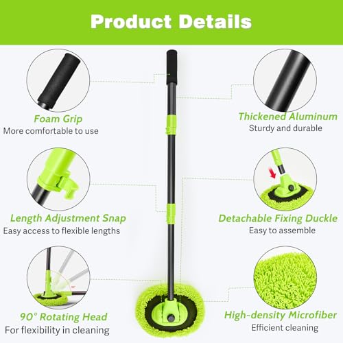 7-in-1 Car Wash Brush Kit with 15° Curved Long Handle for Cars | Car Cleaning Kit with 2 Replaceable Car Washing Mop, Wash Sponge, Mitt, Towel, Tire Brush for RV SUV Truck, Green