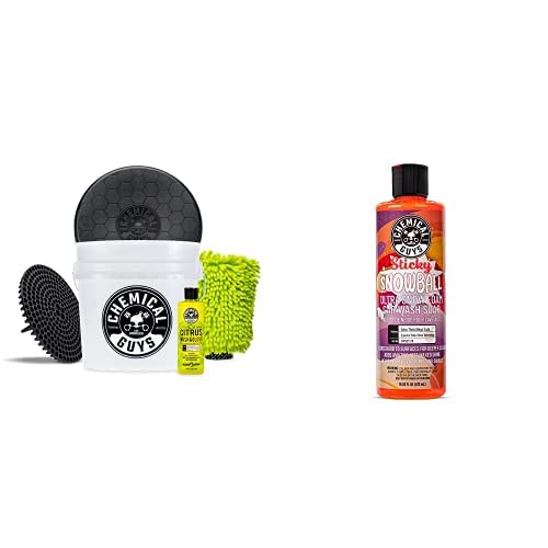 Chemical Guys CWS21516BK Car Wash Detailing Bucket, Mitt & Accessories Bundle (6 Items) Featuring Sticky Snowball Ultra Snow Foam Car Wash Soap, 16 oz - Works on Cars, Trucks, SUVs, RVs & More