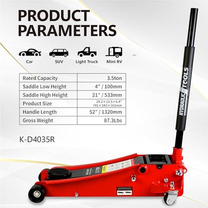 3.5T Low Profile Steel Floor Jack, 7000 lb, Dual Pump, 4"-21" Lift, Red | Heavy-duty steel, dual-piston quick lift, low profile, 4"-21" range, overload safety protection. - size: 3.5T Dual Pump 4"-21"(Red)
