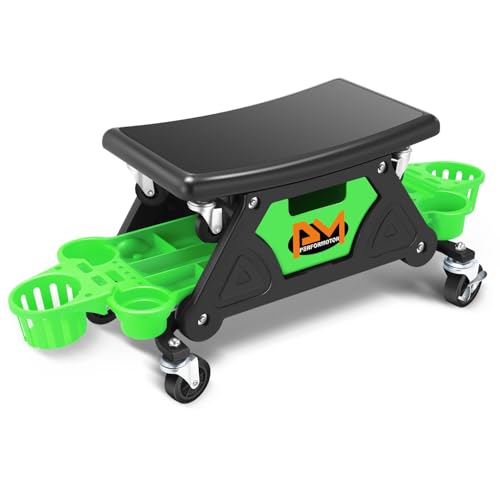 PM PERFORMOTOR Mechanic Stool - 25-1/2" x 13" x 12" (L x H x W), Rolling Work Seat w/Lockable Swivel Wheels and Storage Tool Tray, Green,PM-TOL-CRS-GR - color: Green