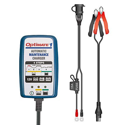 Tecmate Optimate 1 Global, TM-401, 4-Step 12V 0.6A Battery Charger-maintainer - style: OptiMATE 1, 12V 0.6A Plug In Maintainer