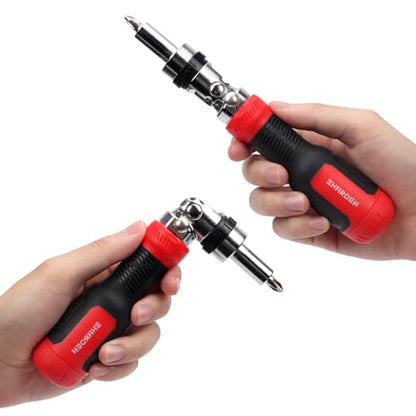 SHARDEN Ratcheting Screwdriver 13-in-1 Multibit Screwdriver All in One Screwdriver Set with Phillips, Flat Head, Torx Security, Hex, Robertson, 180 Degree Pivoting Adjustable Angled Screw Driver Set - color: Red