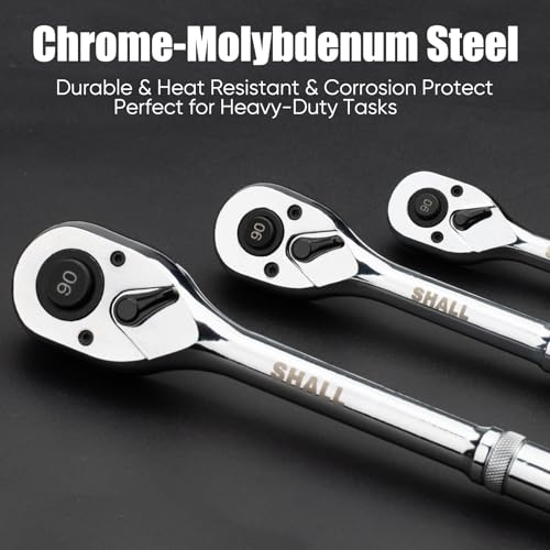SHALL 3/8-Inch Drive Ratchet, 90-Tooth Quick-Release Ratchet Wrench | Reversible, Full Polished, Made of Chrome Alloy, Ideal for Auto Maintenance, Household DIY and Home Repairs - size: 3/8"