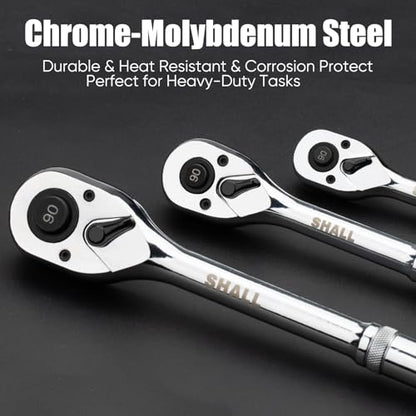 SHALL 3/8-Inch Drive Ratchet, 90-Tooth Quick-Release Ratchet Wrench | Reversible, Full Polished, Made of Chrome Alloy, Ideal for Auto Maintenance, Household DIY and Home Repairs - size: 3/8"
