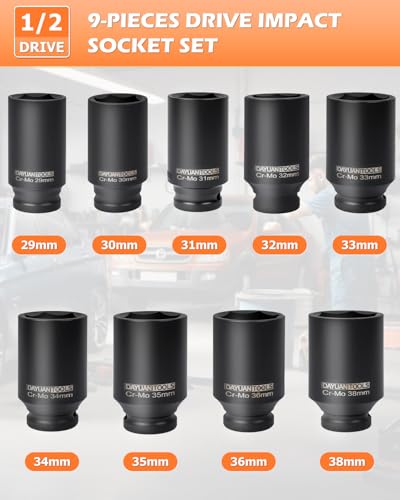 DAYUAN 9 Pcs Axle Nut Hub Impact 1/2" Drive Deep Impact Socket Set | 29 30 31 32 33 34 35 36 38mm, 6-Point Design，Locking Hole，For Axle Nut Removal，Fits Most Vehicles, Storage Case, Cr40 Steel