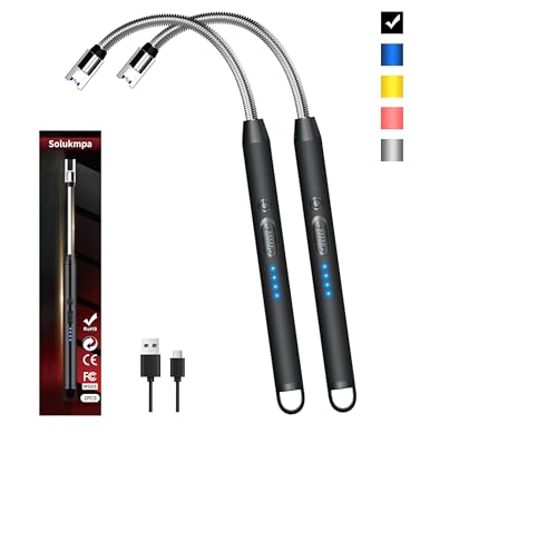 2 Pack Rechargeable Type C Electric Lighters, Black | Flameless and Windproof, Plasma Arc, 360° Long Reach Flexible Neck, LED Power Display, For Candles, BBQ Grill & Camping - color: Black