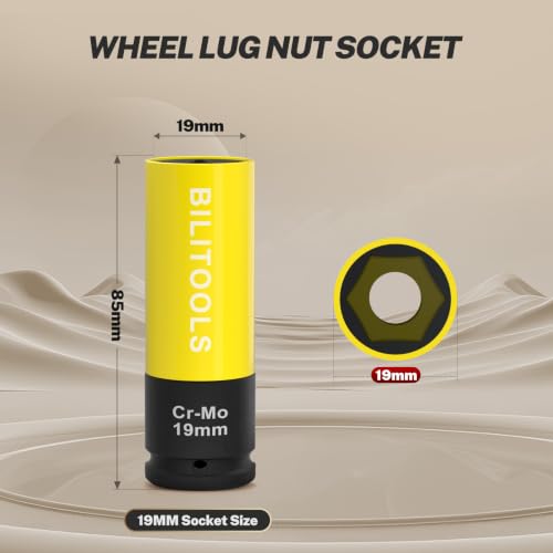 BILITOOLS 19mm Lug Nut Socket, 1/2" Drive Thin Wall Impact Socket | Non-Marring Sleeve, 6-Point Cr-Mo Wheel Socket for Tire Changes, Rims and Auto Repair - size: 19MM