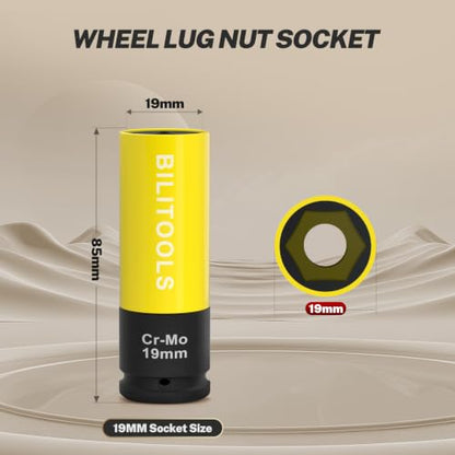 BILITOOLS 19mm Lug Nut Socket, 1/2" Drive Thin Wall Impact Socket | Non-Marring Sleeve, 6-Point Cr-Mo Wheel Socket for Tire Changes, Rims and Auto Repair - size: 19MM