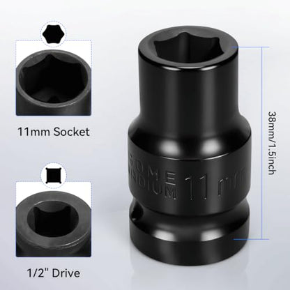 2PCS 11mm Impact Socket 1/2" Drive, 6 Point Metric Shallow Socket, CR-V Steel Heavy Duty Impact Wrench Socket for Automotive Repair - size: 11mm