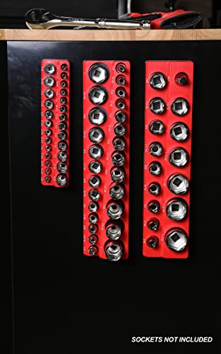 ARES 60035-3-Piece Set SAE Magnetic Socket Organizers - RED -Includes 1/4 in, 3/8 in, 1/2 in Socket Holders - Holds 68 Standard (Shallow) and Deep Sockets - Also Available in GREEN - color: Red (Sae), size: 1/4, 3/8, 1/2-Inch Drive - 3-Piece Set