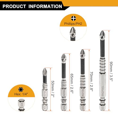 HARFINGTON 4pcs Impact Phillips Screwdriver Bit Set PH2 (#2) Anti Slip Tip 1/4" Hex Shank 2"/2.6"/2.8"/3.5" (50mm/65mm/70mm/90mm) Long Magnetic Cross Screw Driver Drill Bits - size: PH2 x 2"/2.6"/2.8"/3.5"