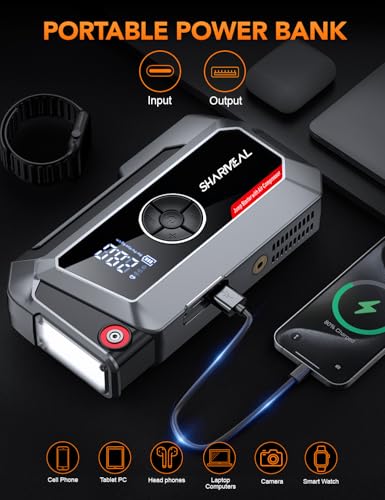 Sharmeal Jump Starter with Air Compressor, 7000A Car Battery Jump Starter (All Gas /12.0L Diesel), 200PSI Jump Starter Power Pack Portable 12V Jump Box with Jumper Cables, LED Light - color: Grey-7000A+ Air Compressor