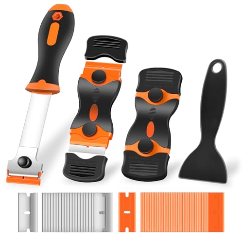 NECAMOCU 4 Pack Razor Blade Scraper, Includes 50 PCS Metal & Plastic Blades | Premium Razor Scraper Tool for Glass, Window, Cooktop, Countertop Cleaning & Sticker, Decal, Paint Removal (Orange) - color: Orange