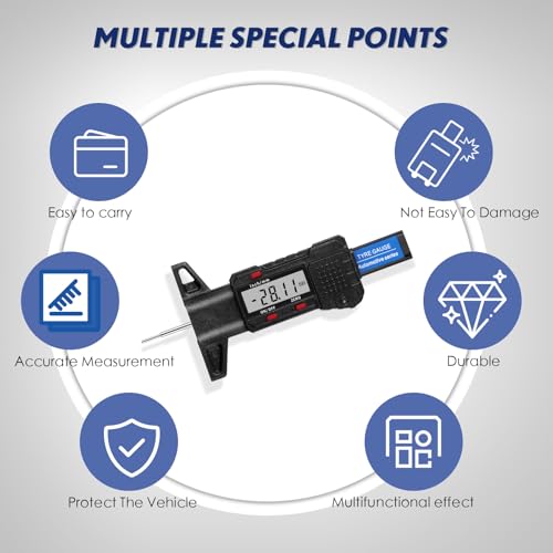 Tallew Digital Tire Tyre Tread Depth Gauge 0-25.4mm Range, 0.01mm Resolution, Portable LCD Display Tire Depth Gauge Digital Tire Checker Measuring Tool with Inch MM Conversion for Motorcycle Car Truck