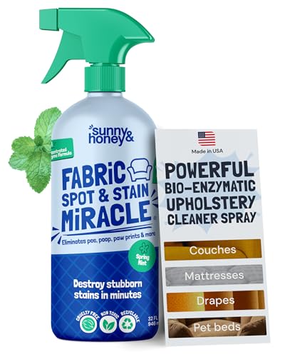 Sunny & Honey Upholstery Cleaner Spray for Furniture & Fabrics, 32floz Mint | Made in the USA - Enzymatic Mattress, Fabric, Upholstery and Couch Cleaner - Color Safe - Removes Old and New Stains