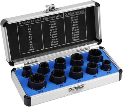 10 Pcs Nut Remover Set with Storage Case,9-19mm Impact Nut Extractor Set,Bolt Remover Tool Set,Nut Extractor Socket,Drive Socket kit,Locking Socket Tools Kit (Hight Set)