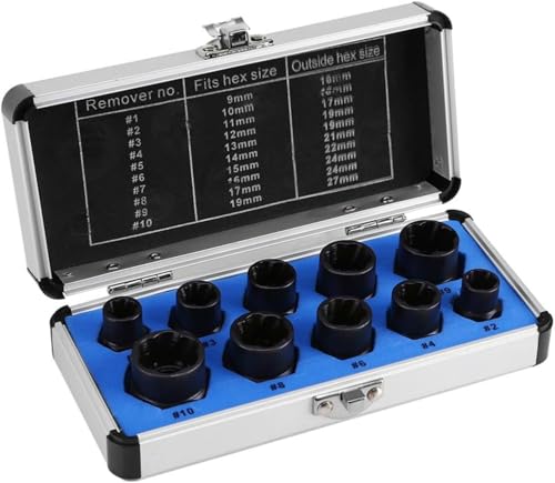 10 Pcs Nut Remover Set with Storage Case,9-19mm Impact Nut Extractor Set,Bolt Remover Tool Set,Nut Extractor Socket,Drive Socket kit,Locking Socket Tools Kit (Hight Set)