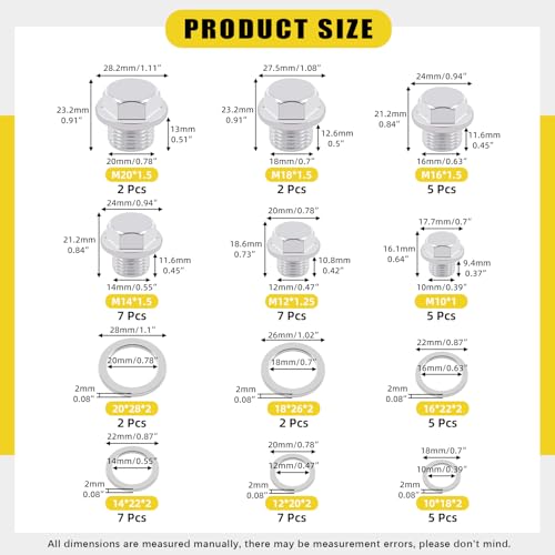 28 Sets Oil Drain Plug Assortment Kit, M10 M12 M14 M16 M18 M20 Steel Oil Drain Plugs with Aluminum Washer Gasket, Engine Oil Drain Plug Replacement Compatible with Honda, Hyundai, Toyota, Ford