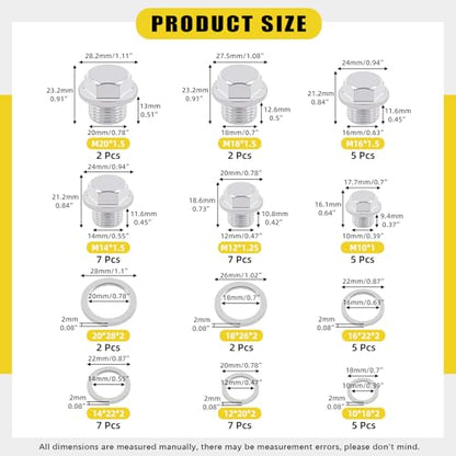 28 Sets Oil Drain Plug Assortment Kit, M10 M12 M14 M16 M18 M20 Steel Oil Drain Plugs with Aluminum Washer Gasket, Engine Oil Drain Plug Replacement Compatible with Honda, Hyundai, Toyota, Ford