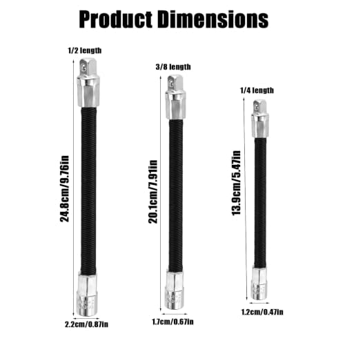 3pcs Flexible Socket Extension, Socket Extension Tool (Black) | 1/4" 3/8" 1/2" Bendable High Torque Chrome Vanadium Iron Extension Rods for Automotive Repair & Tight Spaces - color: Black