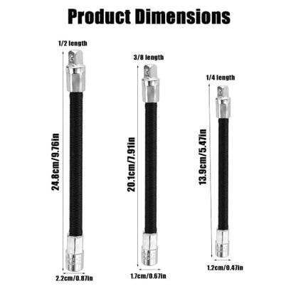 3pcs Flexible Socket Extension, Socket Extension Tool (Black) | 1/4" 3/8" 1/2" Bendable High Torque Chrome Vanadium Iron Extension Rods for Automotive Repair & Tight Spaces - color: Black