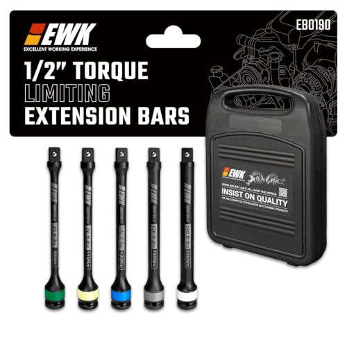 EWK Torque Sticks 1/2 Drive Set, 5-Piece Impact Limiting Extension Bars | 65–140 ft-lb Torque Control, Heat-Treated Cr-Mo Steel & High-Visibility Color Coding for Fast& Accurate Lug Nut Installation - size: 1/2" Drive × 8-Inch Length