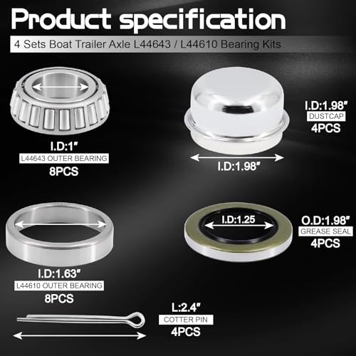 4 Sets L44643 Bearing Kit for 1 inch Axles Trailer Wheel Hub, with 12192TB Seal OD 1.980'', Dust Cover and Cotter Pin, Rotary Quiet High Speed and Durable