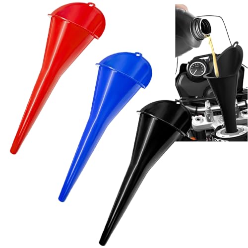 3-Pack Long-Neck Oil Funnels, 11" Multi-Purpose Funnels for Automotive & Motorcycle Use – Reusable Funnel for Oil, Gas & Transmission Fluid (Black+Blue+Red) - color: Black+Blue+Red