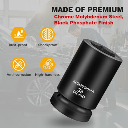 2 PCS 1-Inch Drive 33mm Deep Impact Socket Set,6-Point Axle Nut Socket for Easy Removal of Axle Shaft Nuts,Metric, CR-MO Steel