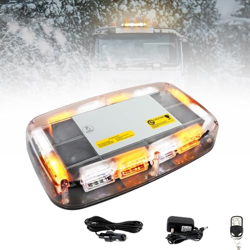 Rechargeable Amber White Emergency Roof Top Strobe Light Wireless Battery, 17 Flashing Modes,High Low Brightness, Warning Lights with Magnetic Base for Construction Vehicles, Trucks, Snow Plow