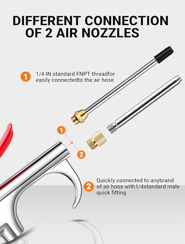 13 Pcs Air Nozzle Blow Gun Kit, 2-Way Connection Air Blower Gun with 1/4 IN Standard Quick Fitting & 8 Air Nozzles, Air Compressor Accessories for Dedusting, Inflation, Cleaning
