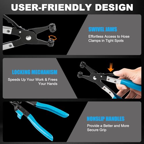 9PCS Professional Hose Clamp Pliers Set for Automotive, Long Reach Flexible Wire & Swivel Jaw Pliers for Fuel, Oil, Coolant Radiator Heater and Water Hoses