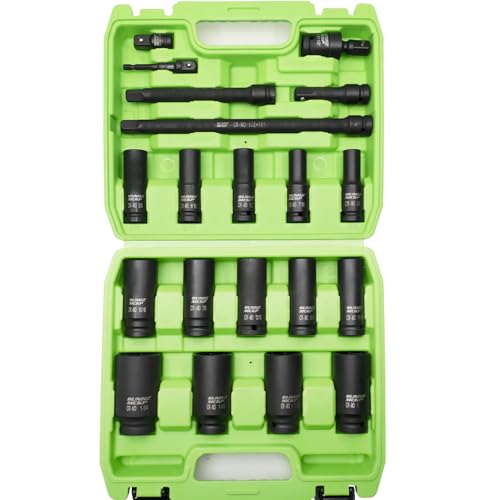 SUNHZMCKP 20 PCS 1/2" Impact Socket Set, Drive Deep 6 Point Socket Set, Including Standard SAE Sockets (3/8" to 1-1/4"), 3 ", 6", 10" Impact Extension Bar and Drill Socket Adapter, Cr-MO - size: 20-Pc 1/2" SAE Impact Socket Set