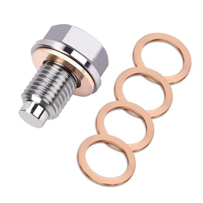 M12 x 1.25 Magnetic Oil Drain Plug, Magnetic Stainless Steel Oil Pan Drain Nut Bolt with 5 PCS Copper Crush Washer Anti Leakage, Universal Leak-proof Replacement,Fits Most Cars, Motorcycles, Boats - size: M12×1.25