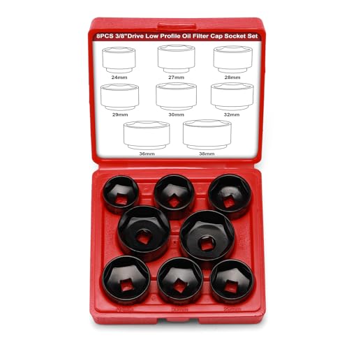 Mayouko 8 Pieces 3/8" Drive Low Profile Oil Filter Cap Wrench Socket Set, 24mm, 27mm,28mm,29mm,30mm,32mm,36mm,38mm,CR-V, Oil Filter Cap Remove and Install Tool Kit - size: 8PCS- 24,27,28,29,30,32,36,38mm