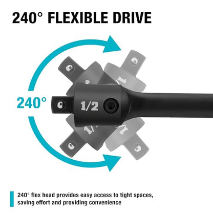 DURATECH 1/2" Drive 17.5-Inch Heavy Duty Breaker Bar with 240° Flex Head | Spring-loaded Detent Ball, CR-MO Head, Premium Black Phosphate Finish, Ideal for Industrial, Construction, and Mechanic Tasks - color: Black, size: 17.5 in