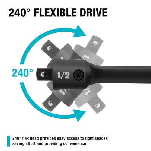 DURATECH Breaker Bar, 1/2'' Drive 17.5-Inch Breaker Bars Heavy Duty, with 240° Flex Head, Spring-loaded Detent Ball, CR-MO Head, Premium Black Phosphate Finish - color: Black, size: 17.5 in
