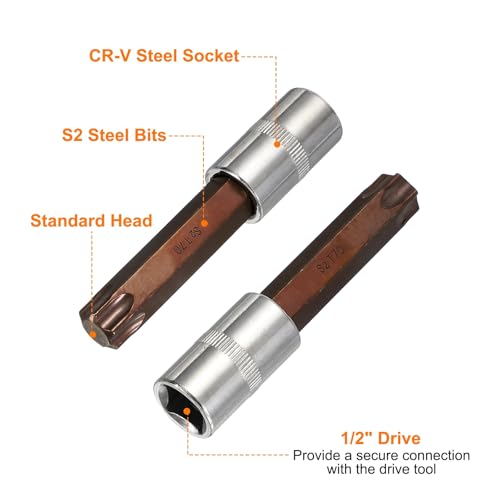 HARFINGTON 2Pcs Torx Bit Socket 1/2" Drive T70 S2 Steel 6 Point Head Long Screwdriver Drill Bits CR-V Steel Socket Adapter for Home Auto Axle Hex Nuts Bolts Repair - size: T70