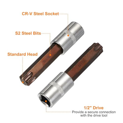 HARFINGTON 2Pcs Torx Bit Socket 1/2" Drive T70 S2 Steel 6 Point Head Long Screwdriver Drill Bits CR-V Steel Socket Adapter for Home Auto Axle Hex Nuts Bolts Repair - size: T70