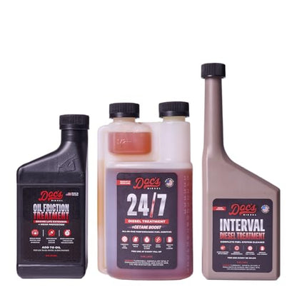 Doc's Diesel 24/7 Cetane Boost + Interval Diesel Treatment + Oil Friction Treatment Kit – Fuel System & Engine Protection – Cleans Injectors, Reduces Wear, Improves MPG (16 oz + 12 oz + 16 oz) - size: 24/7 + IDT + Oil Friction Treatment