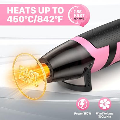 SEEKONE 350W Mini Heat Gun with 2-Temp Settings 500℉ & 842℉(260℃& 450℃) Fast Heat Hot Air Gun Tool with Overload Protection and Reflector Nozzle for 3D Printing, Crafting, and Shrink Tubing - color: Pink