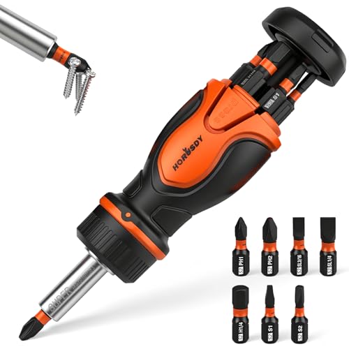 HORUSDY Magnetic Portable Screwdriver Bit Set: 8-in-1 Ratcheting Screw Driver Includes 1/4”Bit Driver Holder, 7 Screwdriver Bits with Phillips, Slotted, Square, Hex, for Garage & Daily Repair - style: 8-in-1 Ratcheting Screw Driver Set