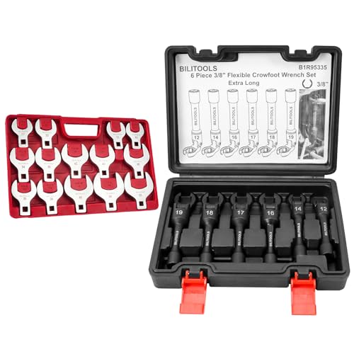 BILITOOLS 14-Piece Jumbo Crows Foot Wrench Set and Long Flex Head Crows Foot Line Wrench Set