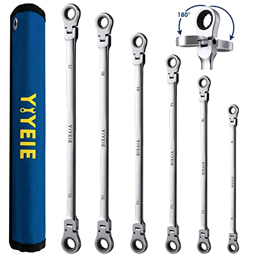 YIYEIE 6 Pcs Extra Long Flex Head Ratcheting Wrench Set, Metric Long Wrench 8mm - 19mm, 72-Tooth Double Box End Wrenches, Chrome Vanadium Steel with Mirror Polish Finish, Rolling Pouch - size: Extra Long Set Metric