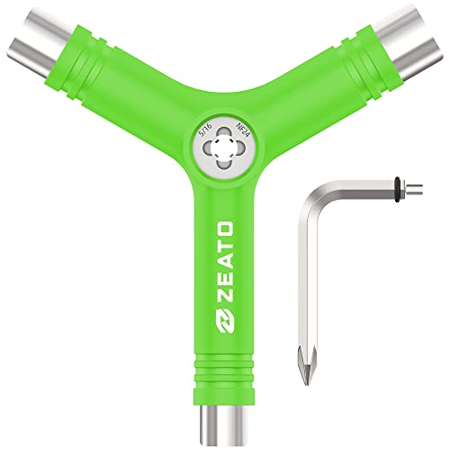 All-in-One Skate Tools Multi-Function Portable Skateboard T Tool Accessory with T-Type Allen Key and L-Type Phillips Head Wrench Screwdriver - color: Y-green