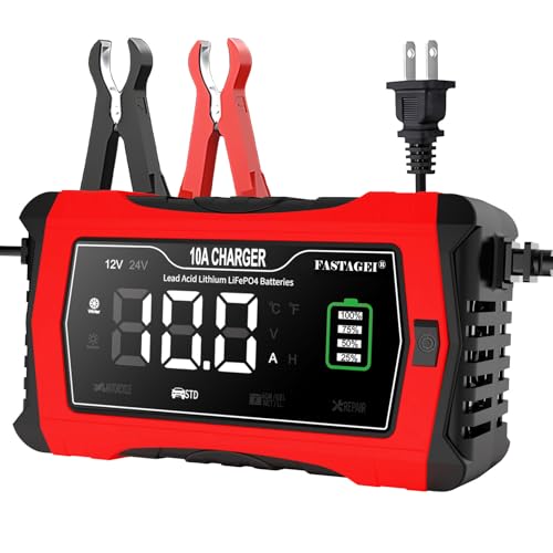 Lithium/LiFePO4/Lead Acid Battery Charger Smart Battery Trickle Charger 12V/24V 10A/5A Automotive Battery Maintainer Desulfator Temp Compensation for Car Truck Motorcycle Lawn Mower Marine RV