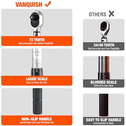 Vanquish 1/4-inch Drive Torque Wrench with 4" Extension Bar and 1/4" to 3/8" Adapter, 72-tooth, 40-220 IN.LB/4.5-24.8 Nm, ±3% High Precision, 1601AM - size: 1/4-inch Drive