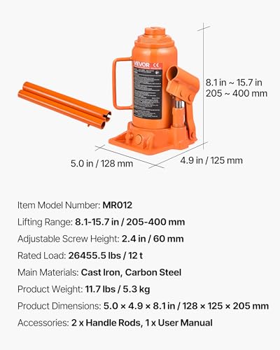 VEVOR Hydraulic Bottle Jack, 12 Ton/24000 lbs All Welded Car Hydraulic Jack, Features 7.5-14 in Lifting Range & 3-Section Long Handle, for Pickup Truck, Truck, RV, Auto Repair Industrial Engineering - style: 12T