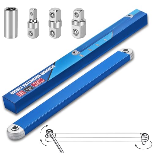 Offset Extension Wrench,15 Inch Impact Ready Socket Wrench Extender Tool Set with 1/2", 1/4" and 3/8" Square Drive Adapters, Zero Degree Ratchet Tool for Car Blue ﻿ (Blue) - color: Blue