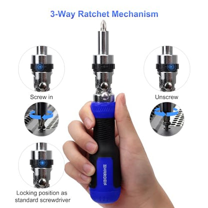 SHARDEN Ratchet Screwdriver 13-in-1 Multi Screwdriver Tool All in One Ratcheting Screwdriver Set with Phillips, Flat Head, Torx, Hex, Square, 180 Degree Pivoting Adjustable Angle Screw Driversets Set - color: Blue